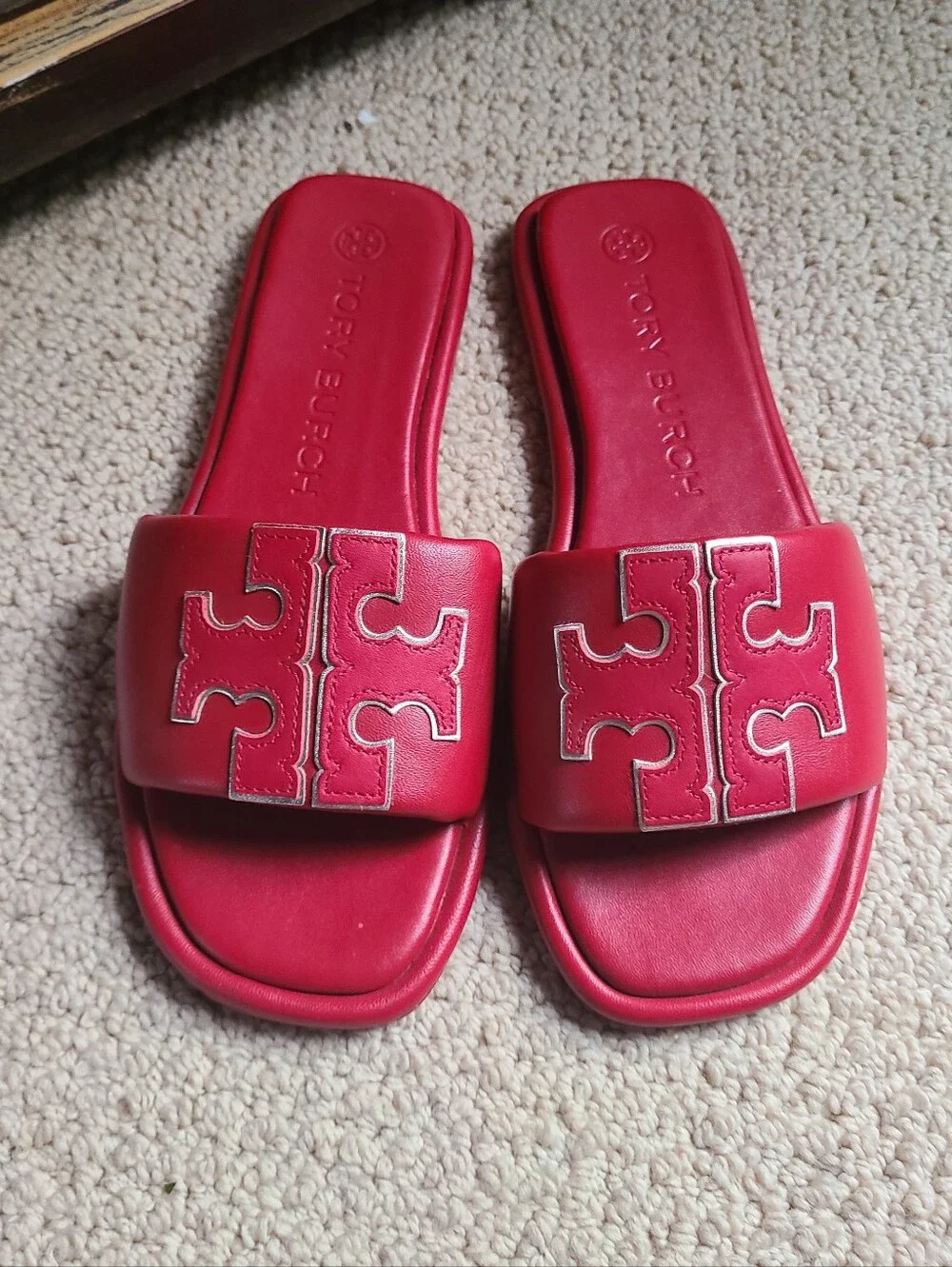Tory Burch Red Slide Sandals with Gold Logo